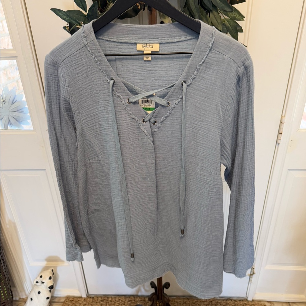 NWT Style & Co Blue Slub Cotton Top Shirt LS L